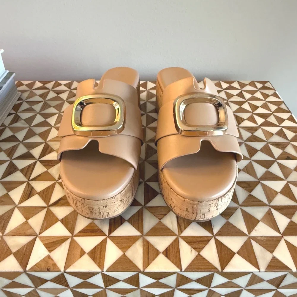 Coutgo Tan Faux Leather Cork Platform Slide Sandals Gold Buckle H4D359 Size 7.5